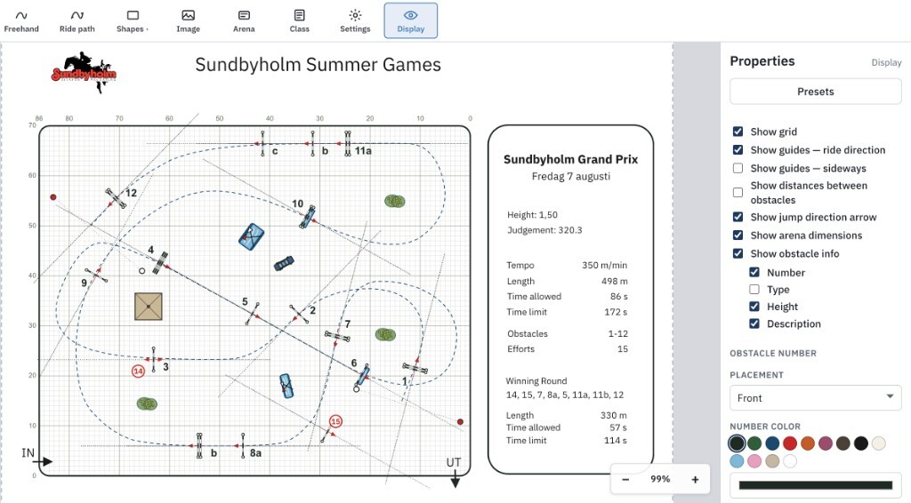 To-scale course sketch with grid, ride path, and display settings
