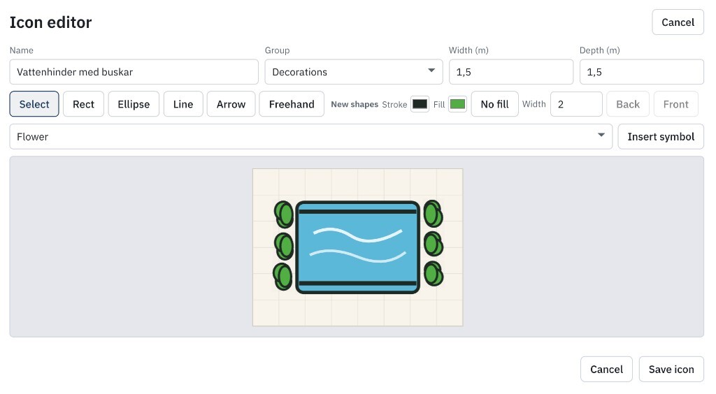 Icon editor building a custom decoration from shapes and symbols