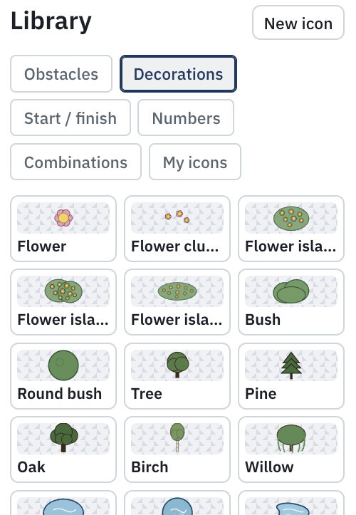 Symbol library with decorations such as flowers, bushes, and ponds