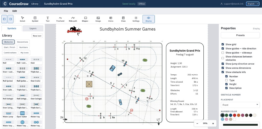 CourseDraw editor with a finished Sundbyholm Grand Prix course sketch