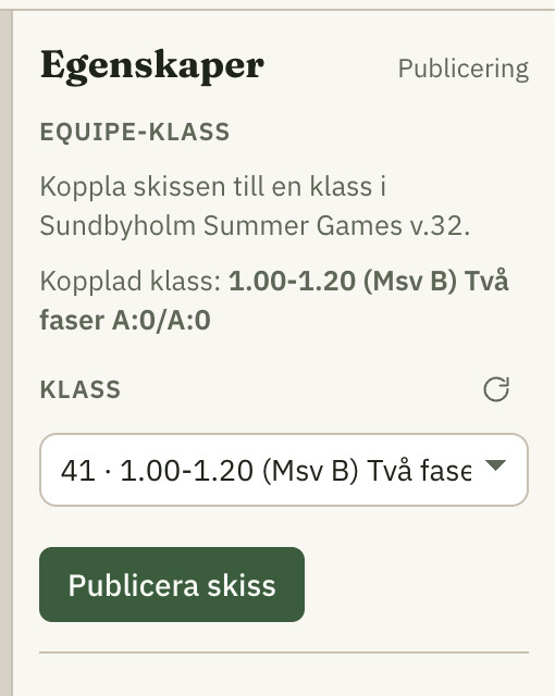 Publiceringspanel för att koppla skiss till Equipe-klass och publicera