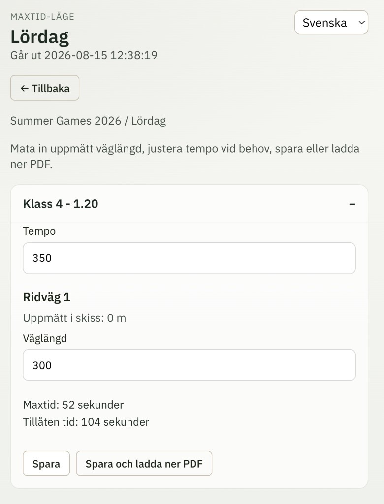 Maxtid-läge med tempo, väglängd och PDF-export