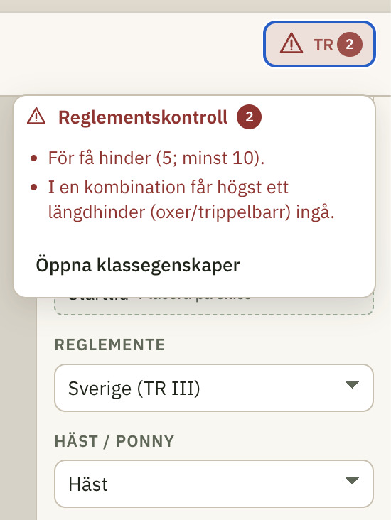 Reglementskontroll med varningar om hinder och kombinationer