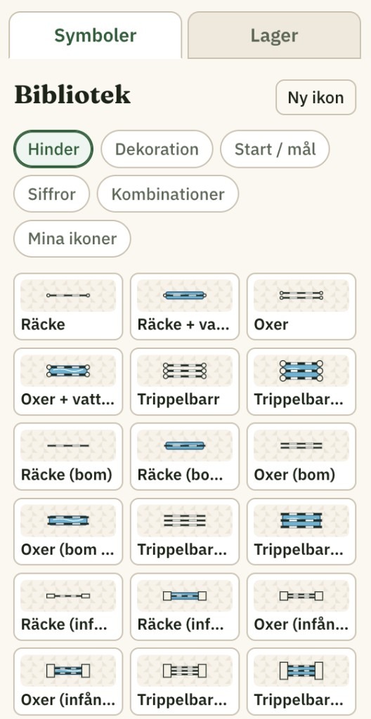 Symbolbiblioteket med hinder som räcke, oxer och trippelbarr